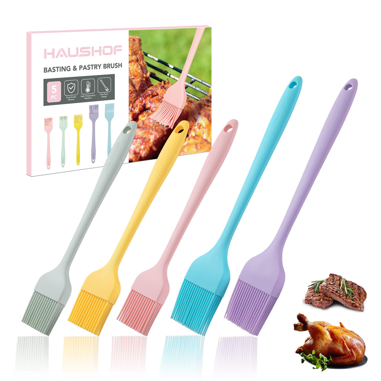 HAUSHOF Silicone Basting Pastry Brush, Heat Resistant Pastry Brush Set, One-Piece Design, Perfect for Baking, Grilling, Spreading Oil, Butter, BBQ Sauce, or Marinade, Dishwasher Safe HAUSHOF
