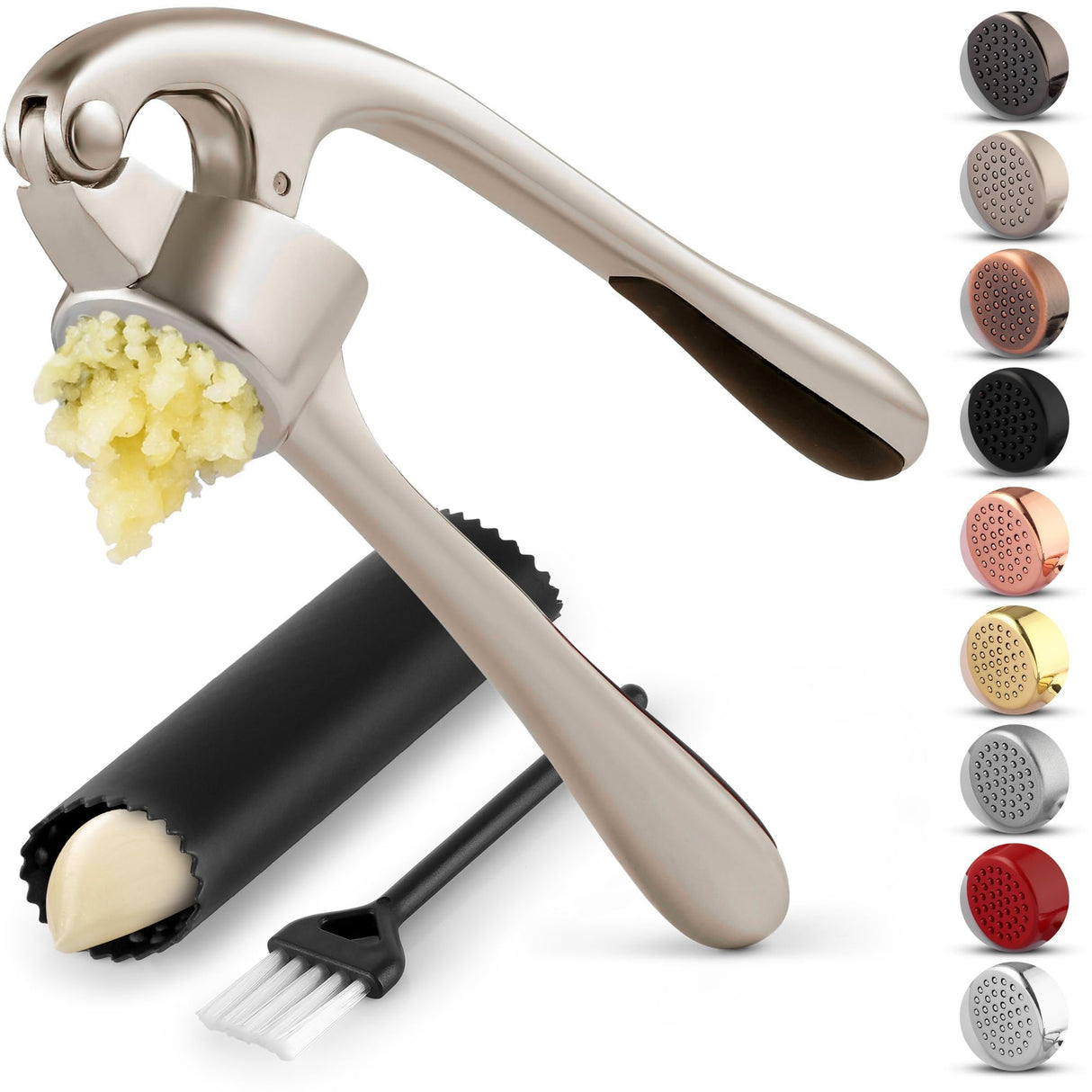 Zulay Kitchen Premium Garlic Press Set - Rust Proof & Dishwasher Safe Professional Garlic Mincer Tool - Easy-Squeeze, Easy-Clean with Soft, Ergonomic Handle - Silicone Garlic Peeler & Brush (Silver) Zulay Kitchen