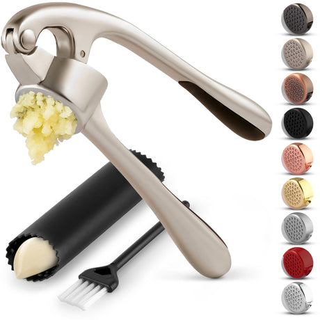 Zulay Kitchen Premium Garlic Press Set - Rust Proof & Dishwasher Safe Professional Garlic Mincer Tool - Easy-Squeeze, Easy-Clean with Soft, Ergonomic Handle - Silicone Garlic Peeler & Brush (Silver) Zulay Kitchen