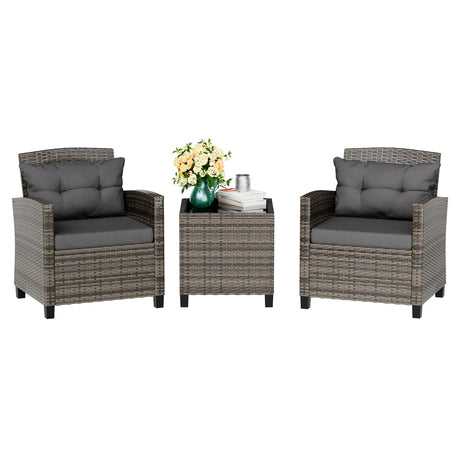 Vongrasig 3 Piece Patio Furniture Set Small Outdoor Wicker Rattan Front Porch Bistro Set Cushioned Patio Chairs Conversation Set with Glass Table for Lawn, Garden, Backyard, Balcony, Poolside (Grey) Vongrasig