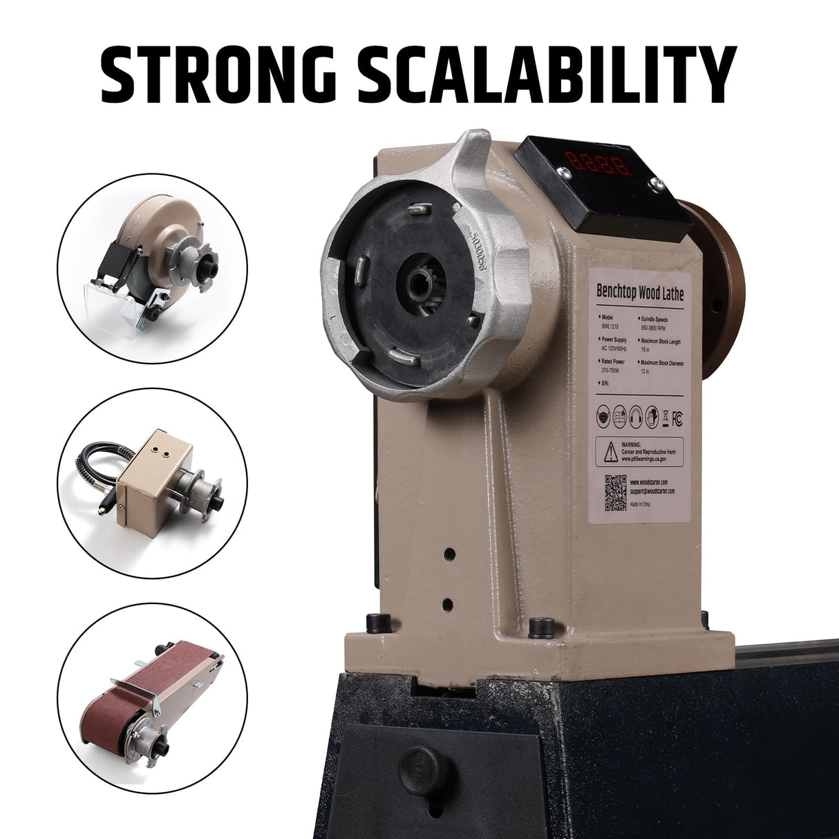 WOODSTARTER 12" x 18" Wood Turning Lathe, 1 HP Benchtop Woodworking Lathe with Variable Speed 650-3800 RPM, Dual-Function Design with Extension Ports for Belt Sander or Grinding Wheel or Rotary Kit WOODSTARTER