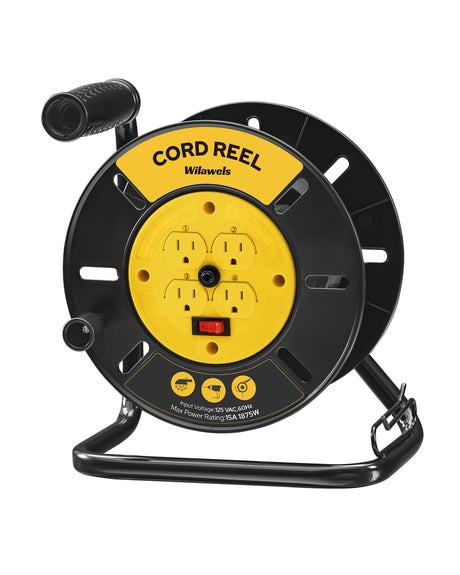 WILAWELS Extension Cord Storage Reel with 4-Grounded Outlets, 15A Circuit Breaker, Heavy Duty Open Cord Reel for 12/3,14/3,16/3 Gauge Power Cord, Hand Wind Retractable, ETL Listed, Yellow Y95CR06 WILAWELS