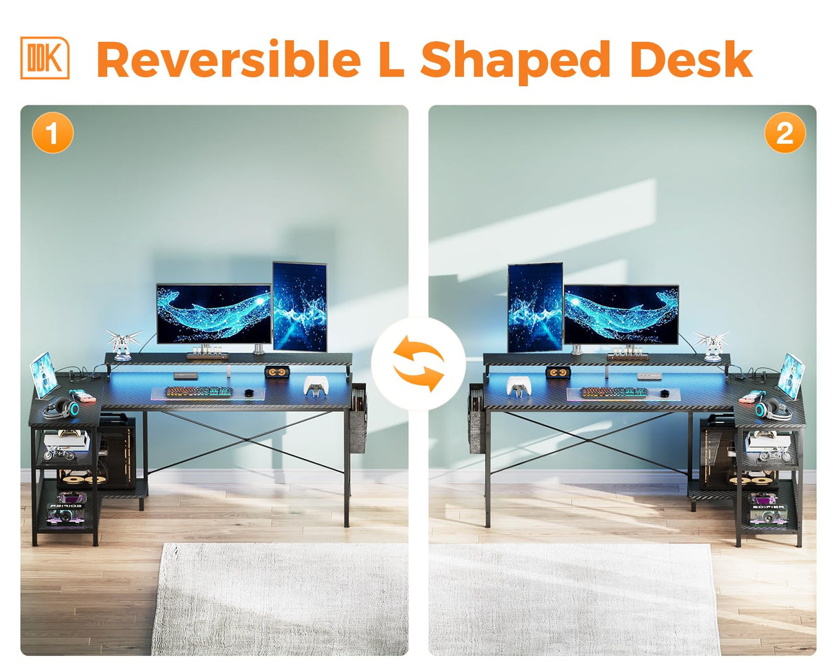 ODK 66 Inch Gaming Desk with USB Charging Ports and LED Lights, Reversible L Shaped Computer Desk with Storage Shelves & Monitor Stand, Corner Gamer Desk Table with Power Outlets, Carbon Fiber Black ODK