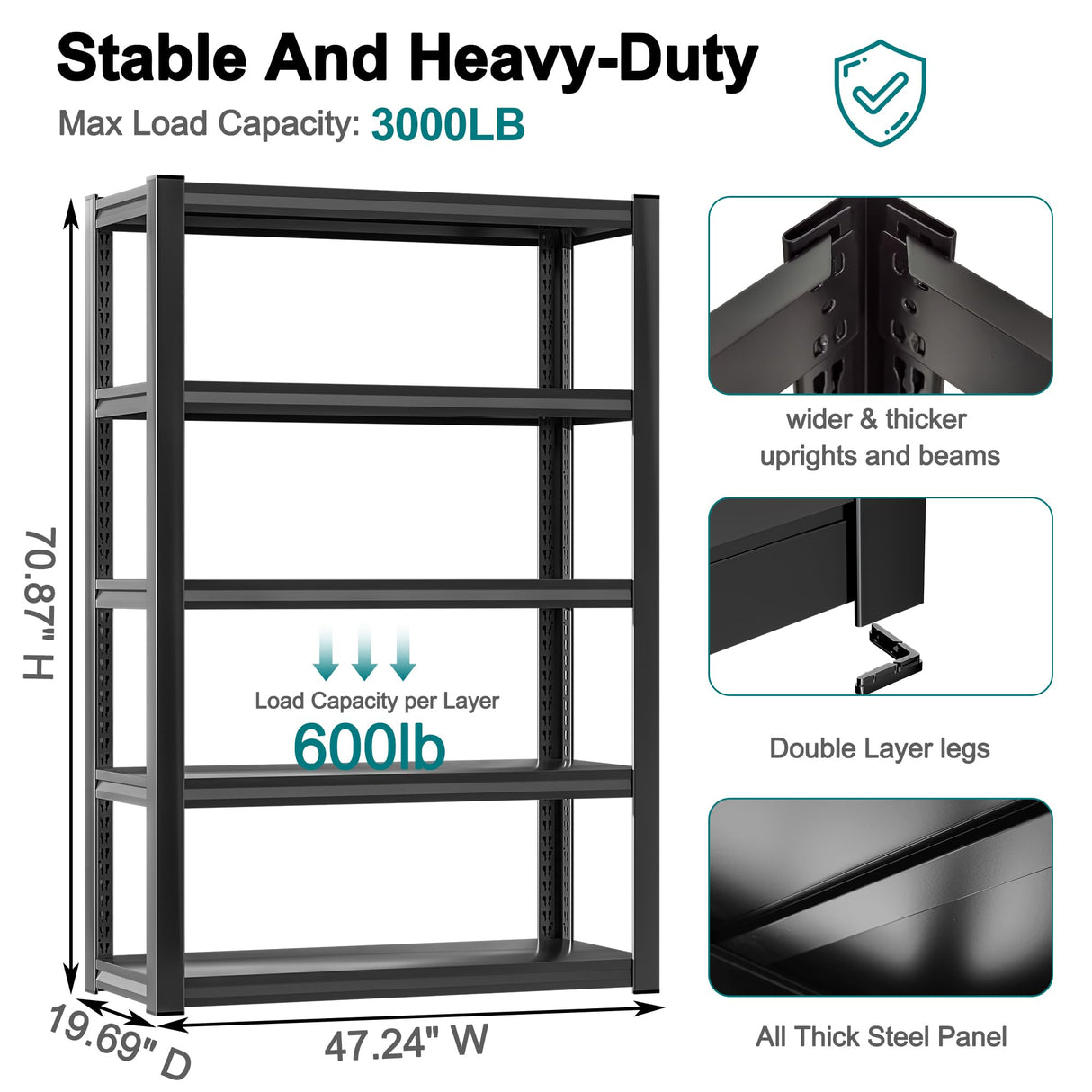 BESFUR 5-Tier Wider Garage Storage Shelves, Heavy Duty Metal Shelving Unit, Adjustable Matal Storage Shelving, 3000 lbs Capacity, for Warehouse Garage Basement, 19.7" D*47.3" W*71" H, Black BESFUR