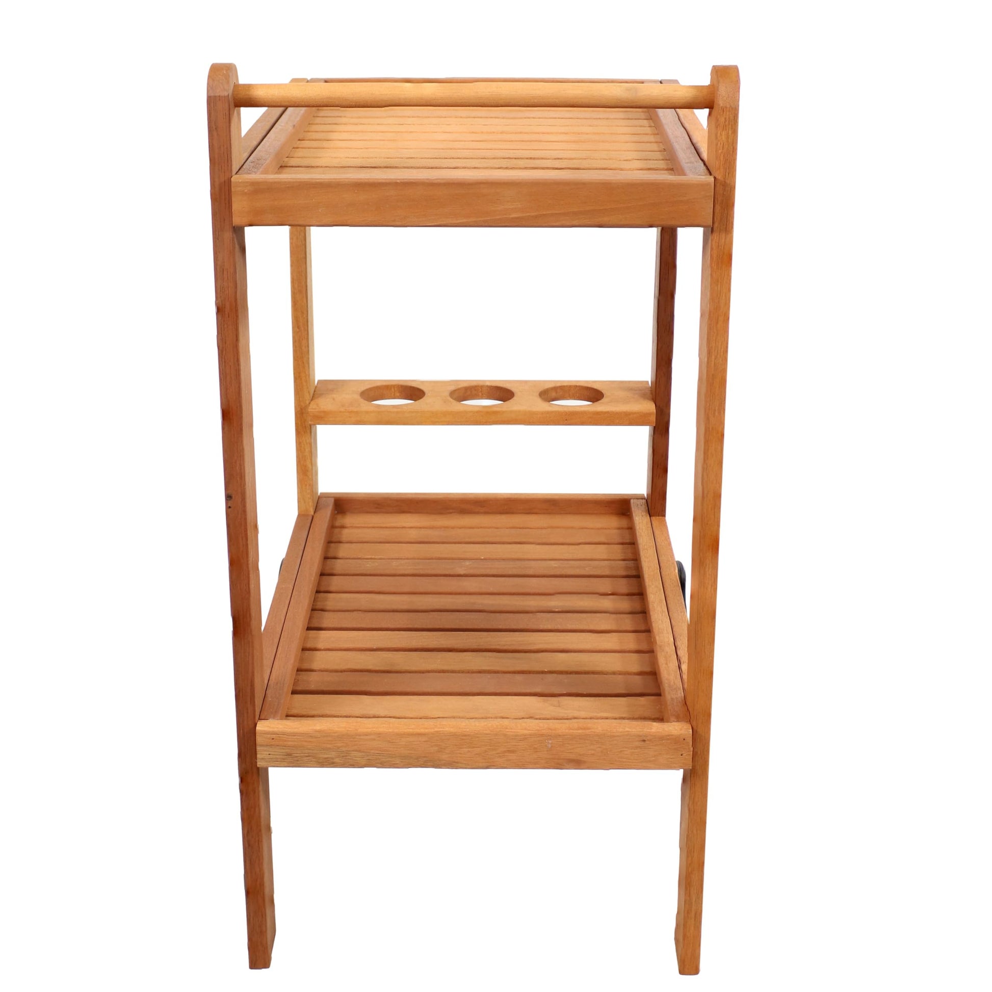 Sunnydaze Indoor/Outdoor Wood Bar Cart with Wheels - Malaysian Hardwood with Teak Oil Finish - 27.5" Wide x 35.5" High - WoodArtSupply