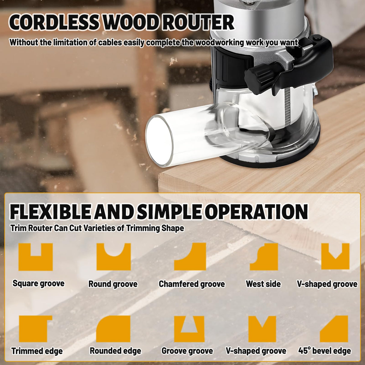 Cordless Router for DeWalt 20V Battery (Tool Only), 6 Speeds 30,000RPM Brushless Compact Router for Woodworking, Palm Router with Trim Router Bits, Edge & Roller Guide, Dust Hood Yuqutum