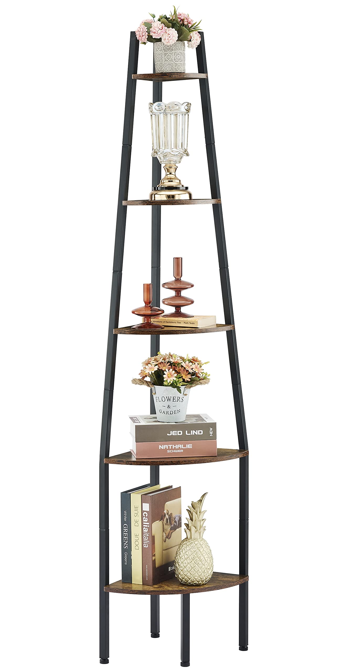 Hoctieon 5-Tier Industrial Corner Shelf - Rustic Brown Ladder Bookcase for Small Spaces - WoodArtSupply