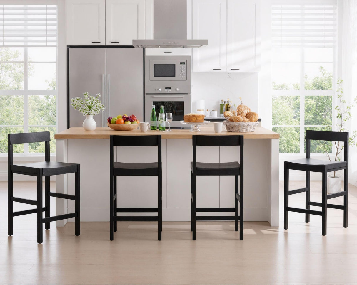 HNY Black Bar Stools Set of 4, 26'' Counter Height Barstools Modern Counter Stools with Backs and Footrest Faux Leather Island Chairs, Farmhouse Wooden Stools for Kitchen Counter Island Home Bar HNY