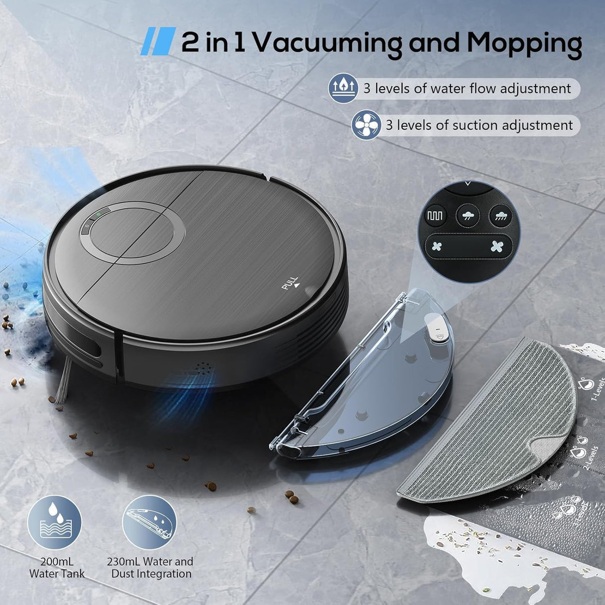 Robot Vacuum and Mop Combo, 2 in 1 Mopping Robot Vacuum Cleaner with Schedule, Wi-Fi/App/Remote, 2000Pa Max Suction, Self-Charging Robotic Vacuum, Slim, Ideal for Hard Floor, Pet Hair, Low-Pile Carpet MAMNV