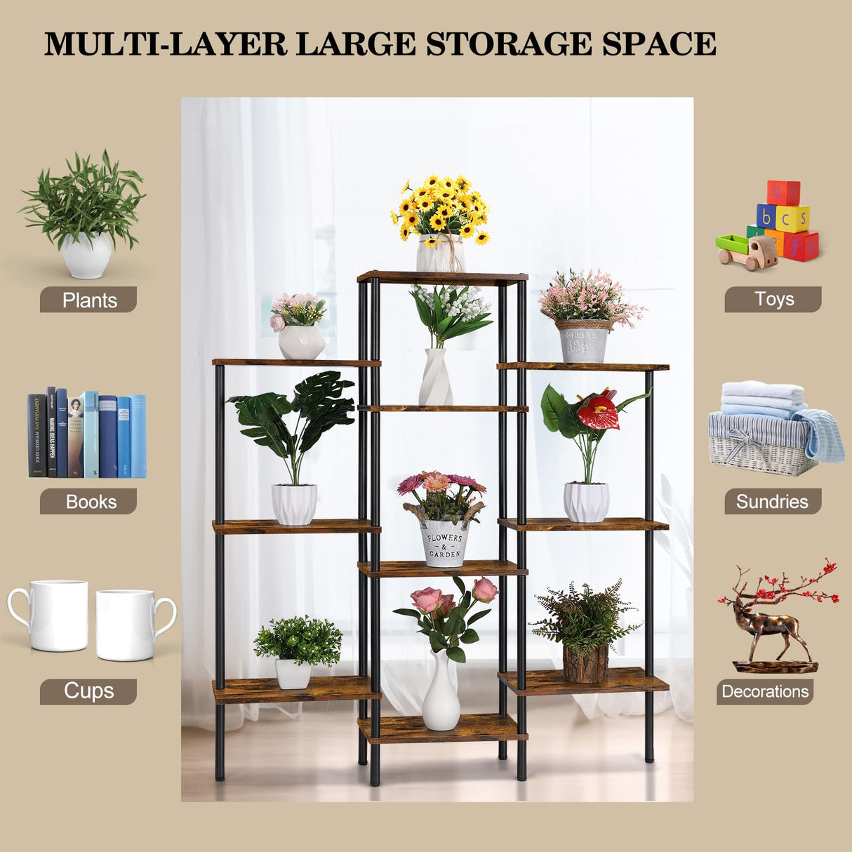 Shinoske 4-Tier Bookshelf,Small Triple Wide Bookcase for Books,CDs,Movies,Display Shelf with 10 Open Shelves for Living Room,Home Office,Balcony,Rustic Brown Shinoske