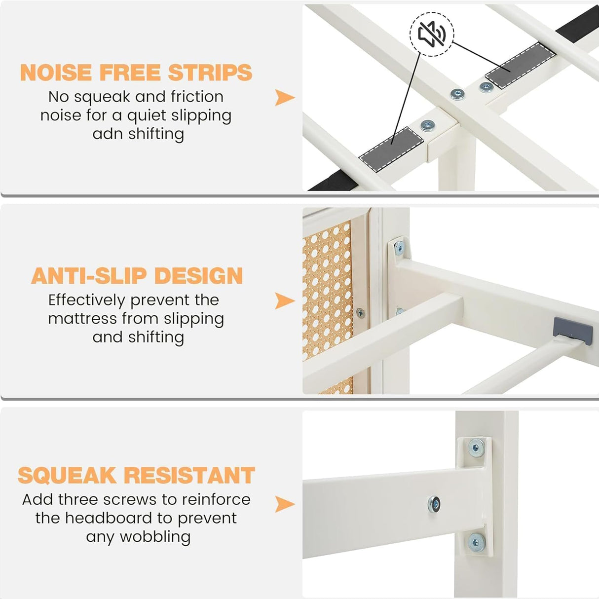 GarveeHome King Size Rattan Bed Frame with Headboard, White Boho Cane Platform Bed Frame with Strong Metal Slat, Noise Free, No Box Spring Needed GarveeHome