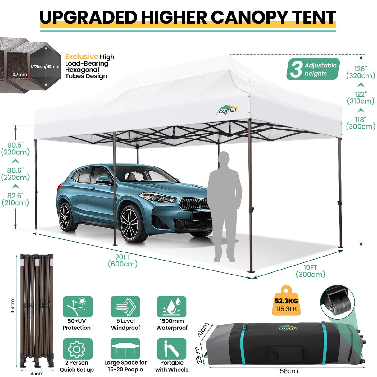 COBIZI 10x20 Pop up Canopy Without Sidewall Heavy Duty Commercial Outdoor Gazebo Easy Up Wedding Party Tents for Parties with Roller Bag, All Season Wind & Waterproof UPF50+(Upgrade Hexagonal Tube) COBIZI
