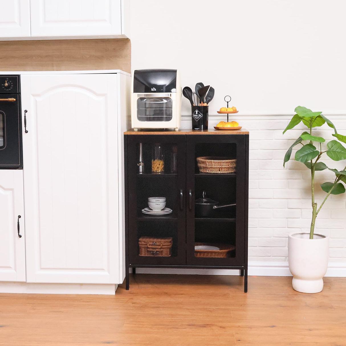 ALBAD Metal Storage Cabinet with Mesh Doors and Adjustable Shelves, Free Standing Sideboard Buffet Cabinet for Kitchen, Living Room, Dining Room, Home Office (Black) ALBAD