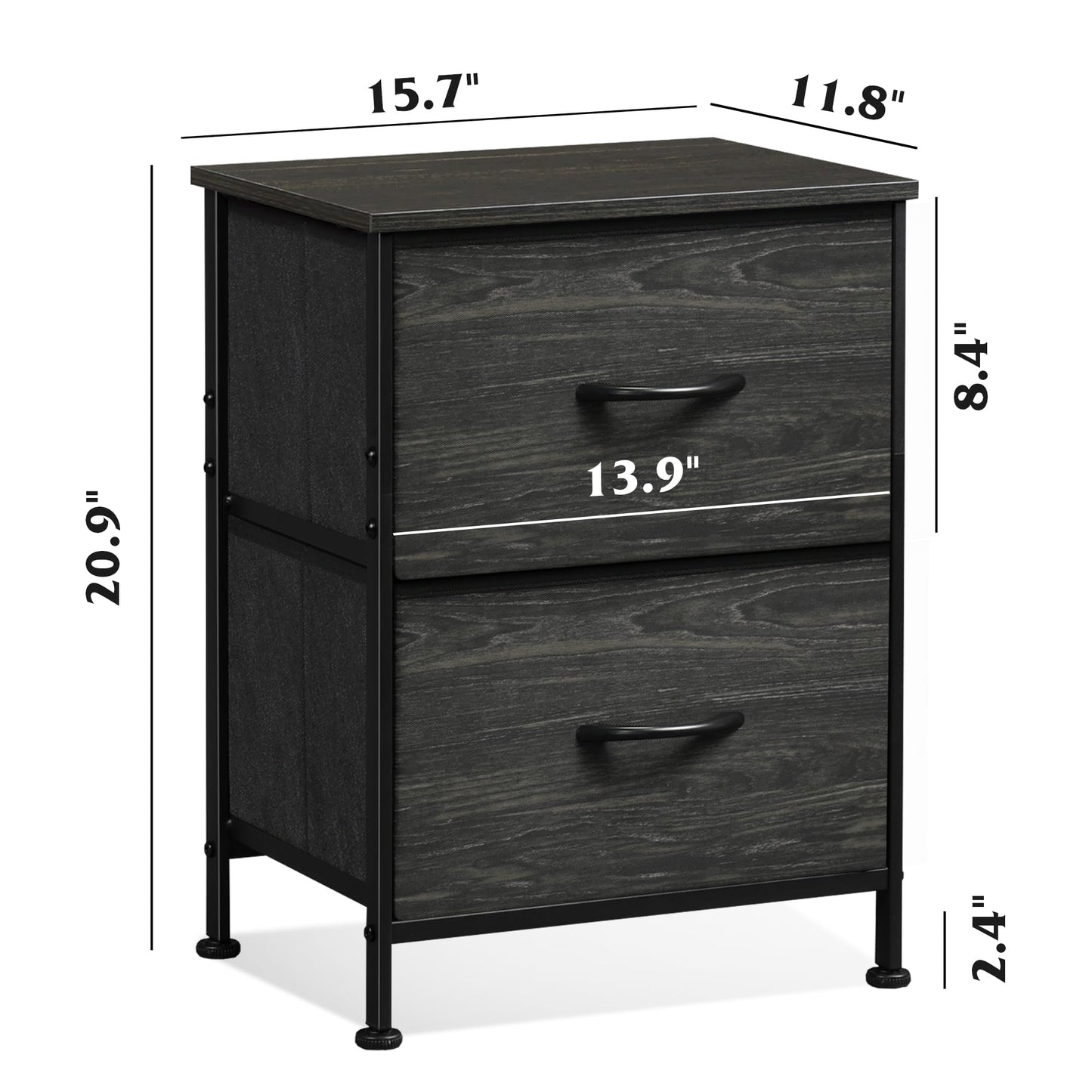 WLIVE Night Stand, Small Dresser with Drawers, Dresser for Bedroom with 2 Fabric Drawer, Black Bedside Table End Table, Dorm Nightstand, Closet Organizer, Charcoal Black Wood Grain Print