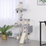 Heybly Cat Tree, Cat Tower for Indoor Cats with Scratching Board, Multi-Level Cat Furniture Condo with Feeding Bowl Light Gray HCT010SW Heybly