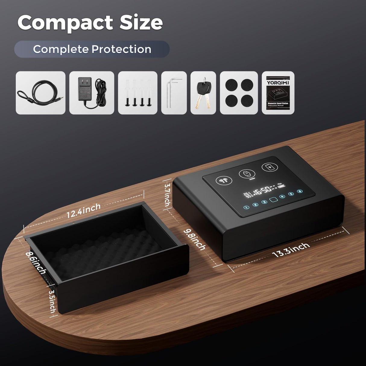 Yoqimi Smart Biometric Gun Safe for Handgun, Fingerprint Clock Safe with 3-in-1 Wireless Charging, Silent Drawer, LCD Alarm Clock & Quick Access Bedside Gun Safe Yorqimi