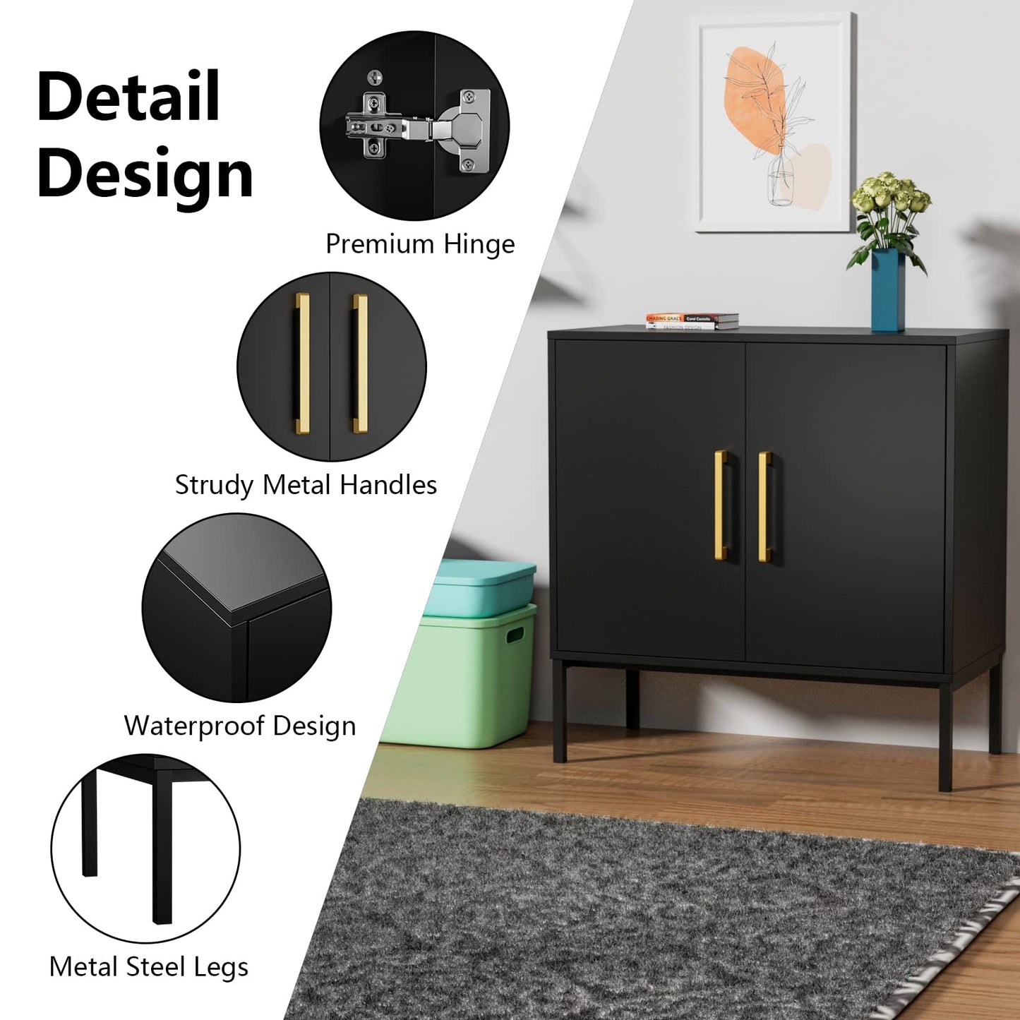 CARPETNAL Set of 2 Accent Storage Cabinet with Doors and Adjustable Shelf, Freestanding Buffet Cabinet, Modern Sideboard Buffet Cabinet for Living Room, Dining Room, Kitchen, Hallway (Black) - WoodArtSupply