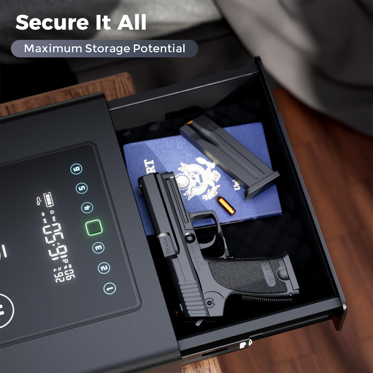 Yoqimi Smart Biometric Gun Safe for Handgun, Fingerprint Clock Safe with 3-in-1 Wireless Charging, Silent Drawer, LCD Alarm Clock & Quick Access Bedside Gun Safe Yorqimi