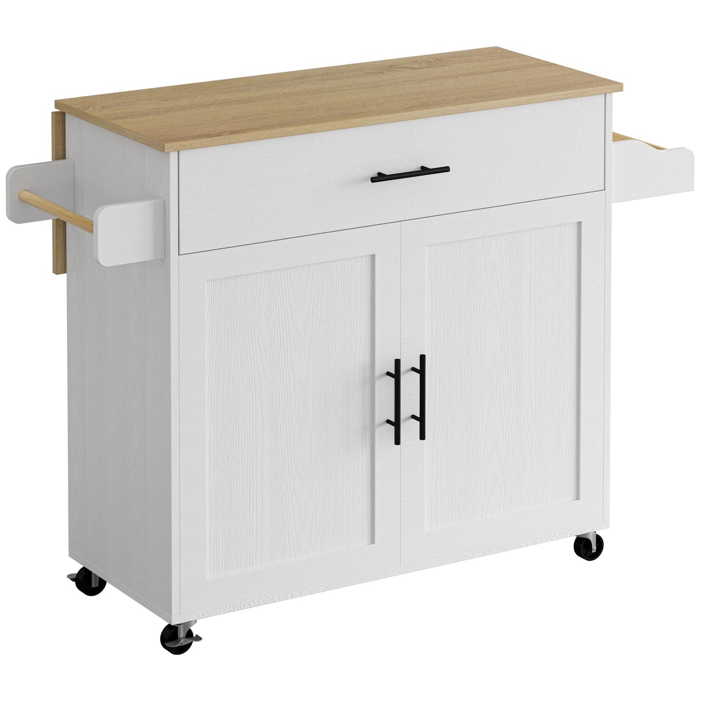 IRONCK Rolling Kitchen Island Table on Wheels with Drop Leaf, Storage Cabinet, Drawer, Spice Rack, Towel Rack, Kitchen Cart, White