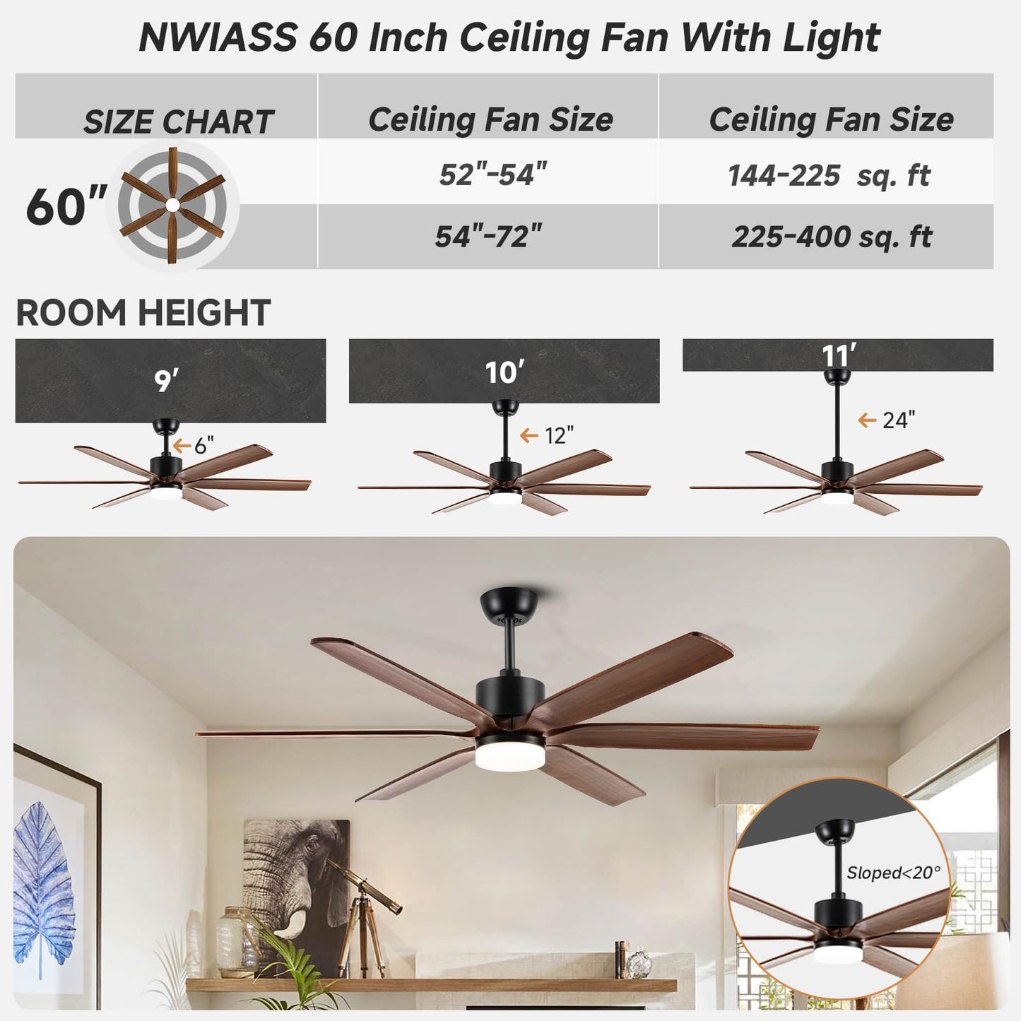 60 Inch Outdoor Ceiling Fans with Lights and Remote, 6 blade Solid Wood Ceiling Fan Large Farmhouse Ceiling Fan with Light for Patio Exterior, 6 Speed Reversible Quiet DC Motor, Dimmable 5-Color