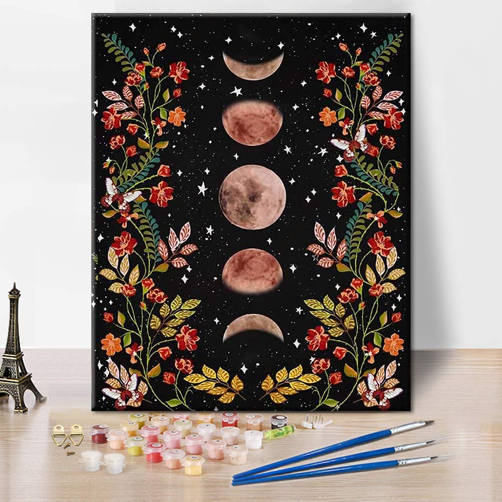 TUMOVO Paint by Numbers for Adults Moonlit Garden Painting by Numbers for Adults Moon Phase Surrounded by Vines and Flowers Black Adult Paint by Number Kit Unique Gift for Adults, 16"x20"(Frameless) TUMOVO