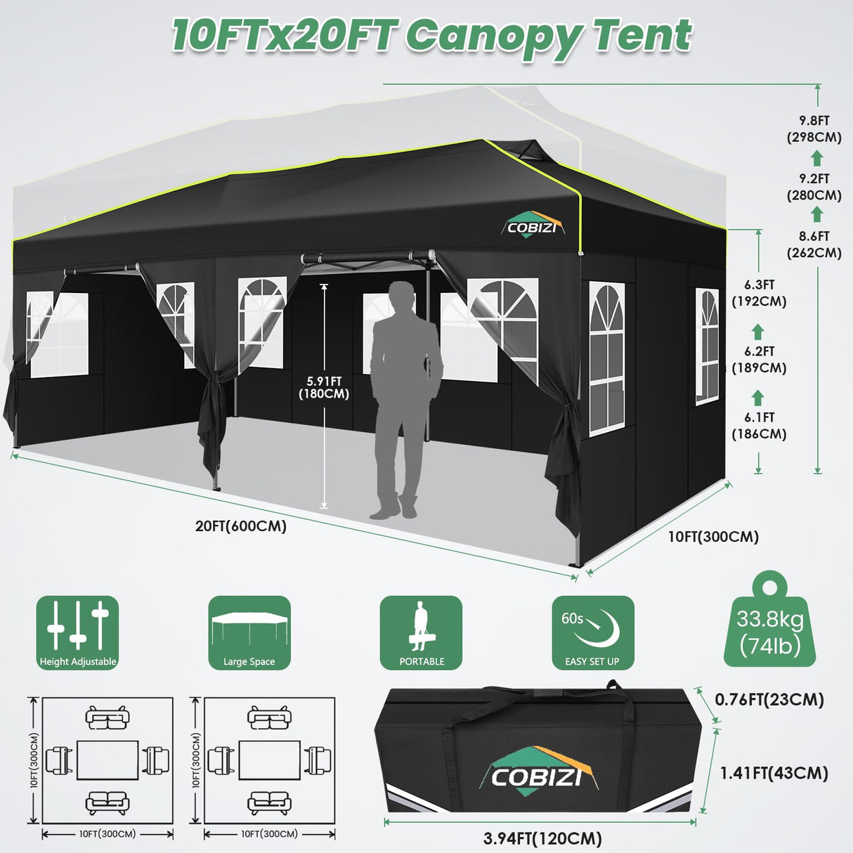 COBIZI 10x20 Pop Up Canopy Tent with 6 Removable Sidewalls, One Push Party Tent Outdoor Waterproof Event Canopy with Air Vent for Parties Commercial Wedding, 3 Height, Carry Bag, Sandbag, Black COBIZI