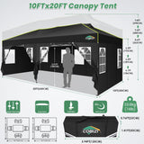 COBIZI 10x20 Pop Up Canopy Tent with 6 Removable Sidewalls, One Push Party Tent Outdoor Waterproof Event Canopy with Air Vent for Parties Commercial Wedding, 3 Height, Carry Bag, Sandbag, Black COBIZI