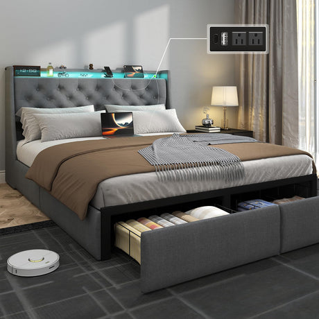 SADENICEL Full Size Bed Frame with Storage Headboard and 2 Drawer, Metal Full Bed Frame Platform with LED Light, Charging Station, No Box Spring Needed, Noise Free, Easy Assembly, Grey SADENICEL