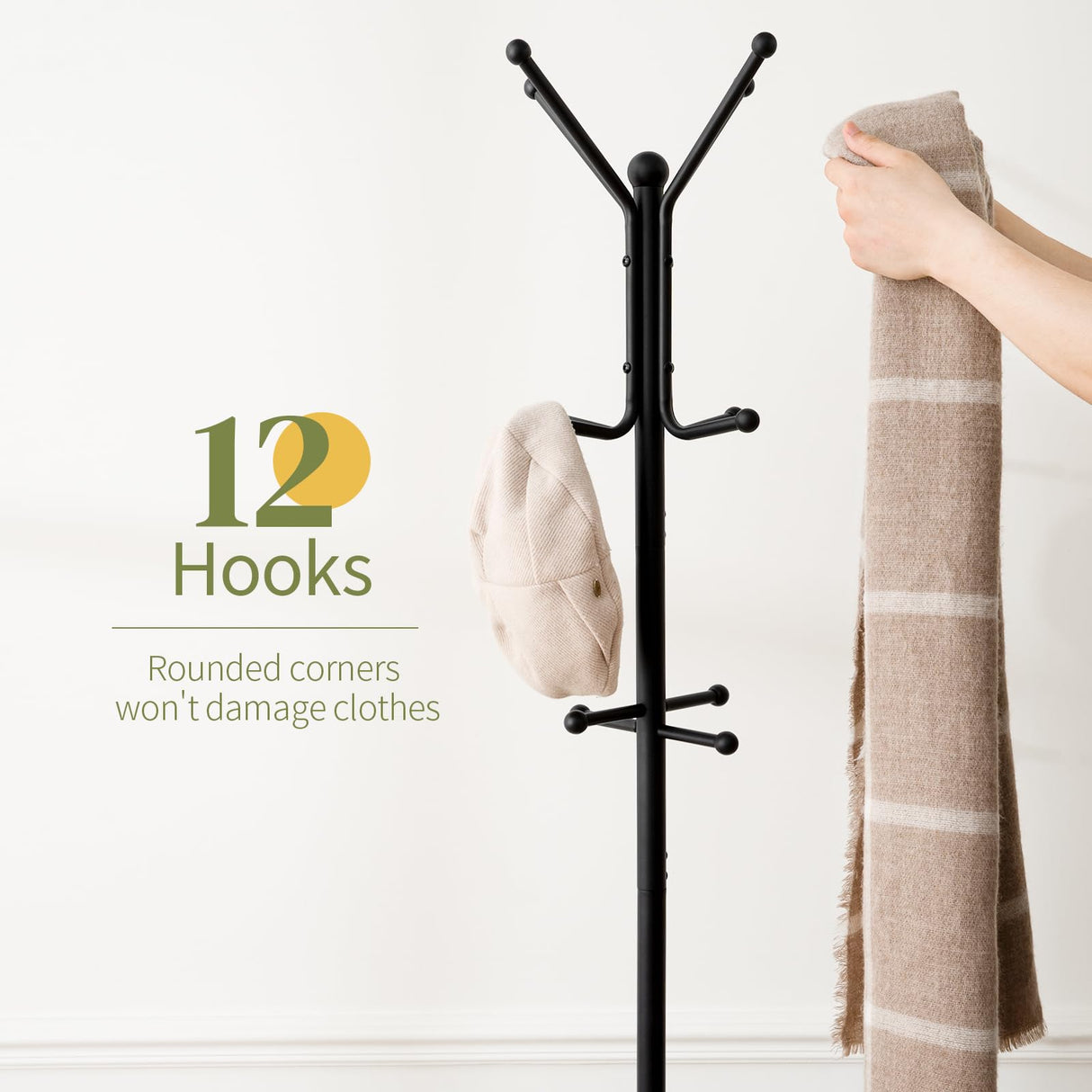 Yoobure Coat Rack Freestanding, Coat Tree with Umbrella Holder, Metal Coat Rack Stand with 12 Hooks, Modern Coat Hanger Stand for Entryway, Purse Rack Hat Rack Stand for Living Room Bedroom Office Yoobure