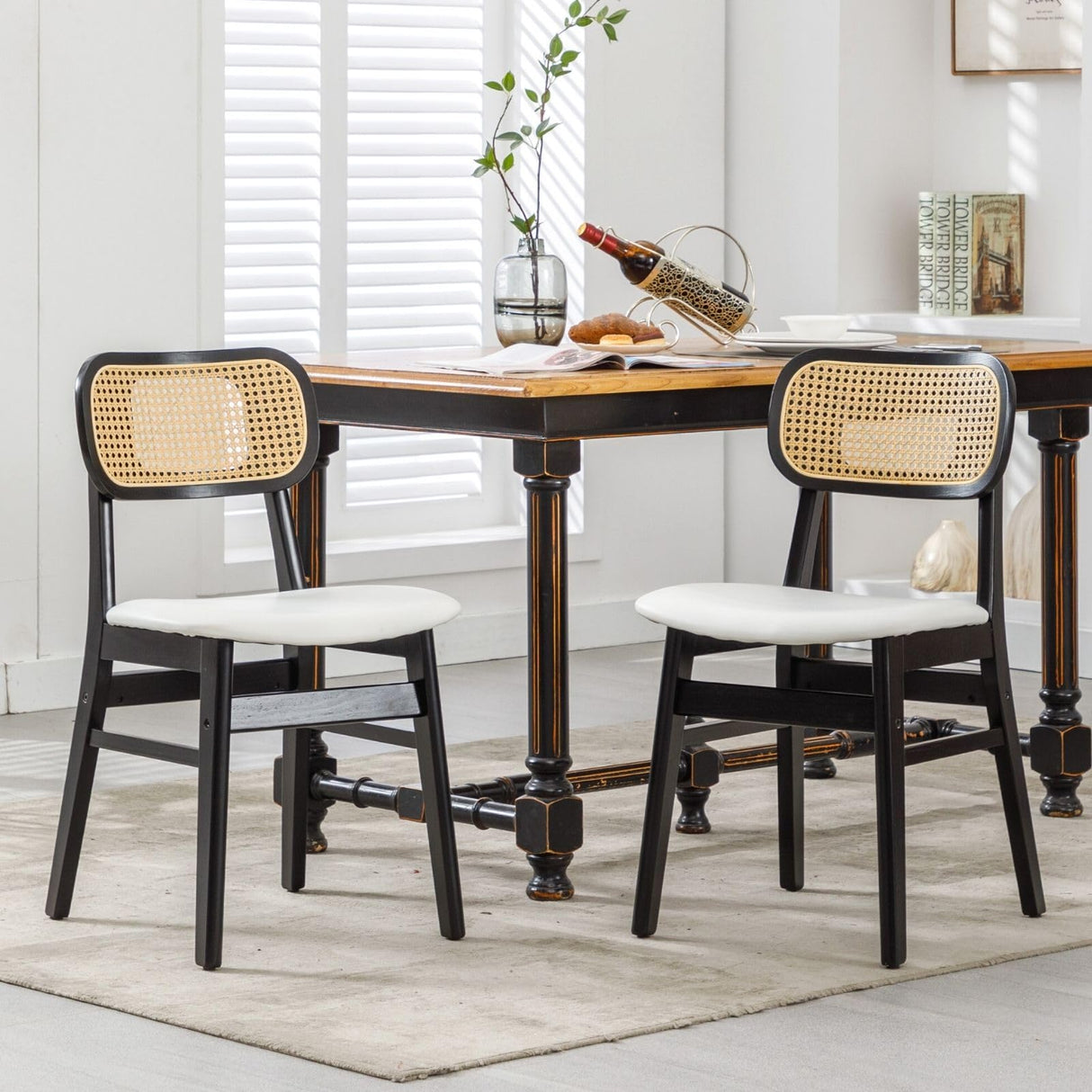 ROCITY Rattan Dining Chairs Set of 2 Black Wooden Dining Room Chairs White Faux Leather Kitchen Chairs with Back Farmhouse Side Chairs ROCITY