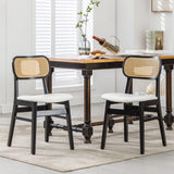 ROCITY Rattan Dining Chairs Set of 2 Black Wooden Dining Room Chairs White Faux Leather Kitchen Chairs with Back Farmhouse Side Chairs ROCITY