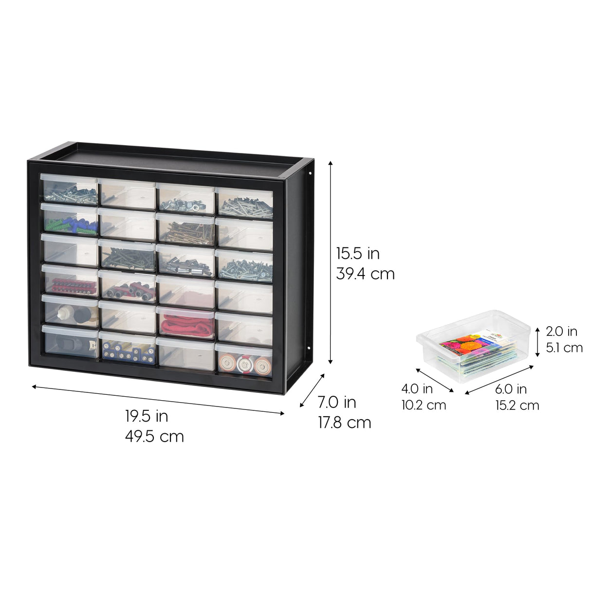 IRIS USA Plastic Storage Drawers, 24-Drawer, Stackable Small Parts Organizer Cabinet for Hardware Screw Nuts and Bolts Sticker Bead Balloon Building Bricks, Teacher Toolbox Garage Storage Bins, Black Iris Ohyama