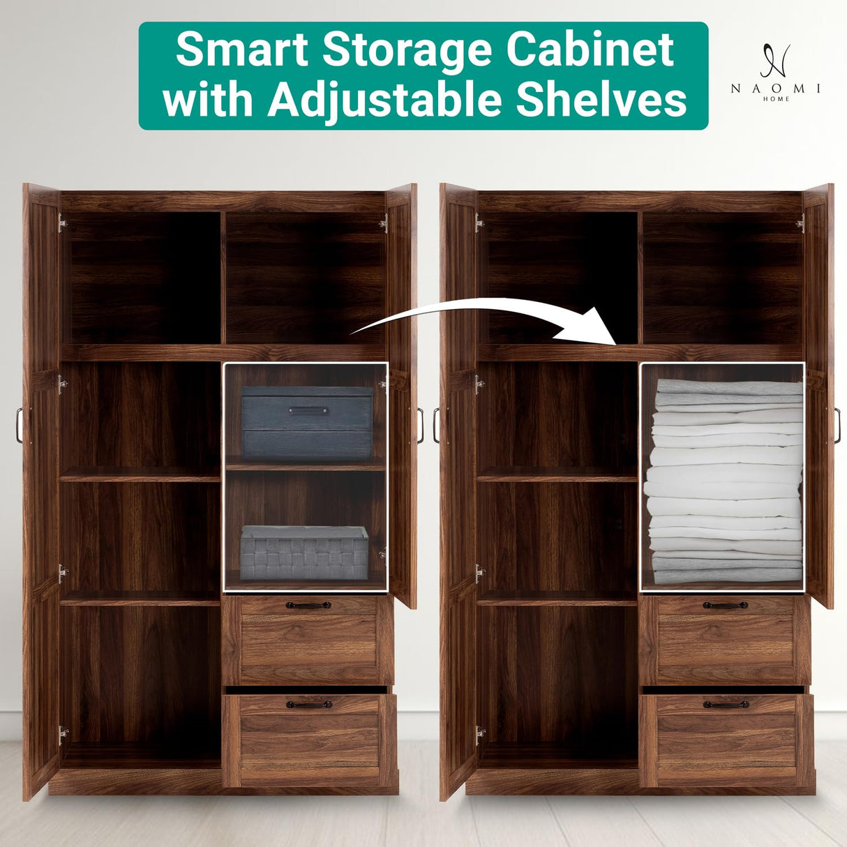 Naomi Home Storage Cabinet with 2 Barn Doors, 2 Drawers & Adjustable Shelves – Tall Wardrobe Closet Armoire for Bedroom, Living Room, or Utility Space – Brown Oak Finish Naomi Home