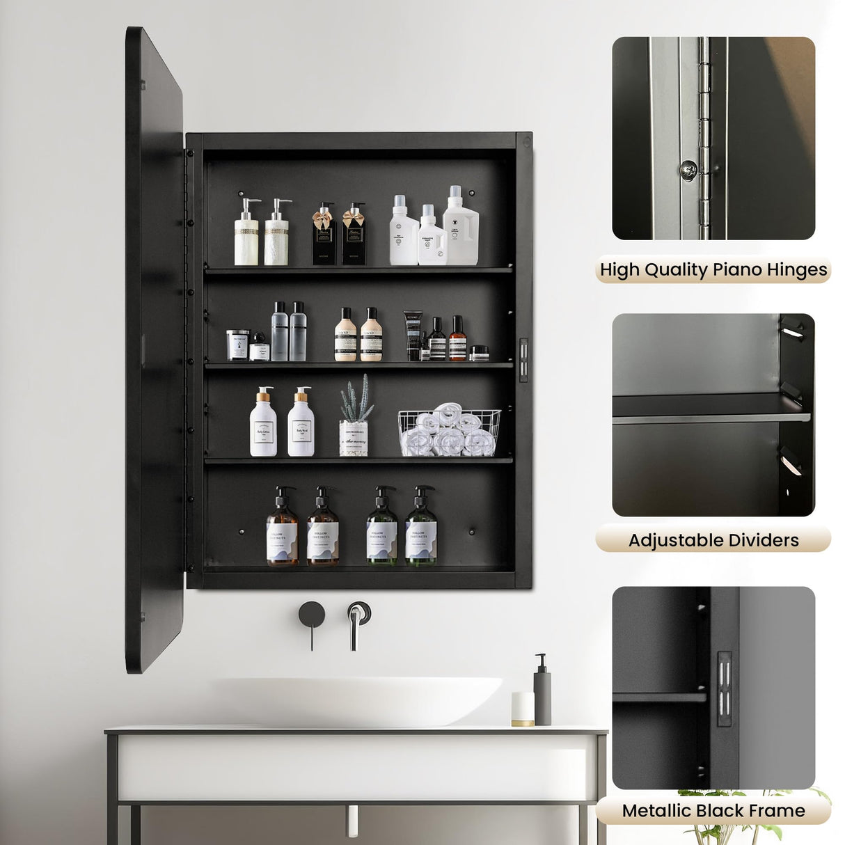 Habison Bathroom Medicine Cabinet with Mirror, 20x30 inch Metal Black Recessed Medicine Cabinet with 3 Adjustable Metal Shelves, Rounded Rectangle Storage Cabinet Habison