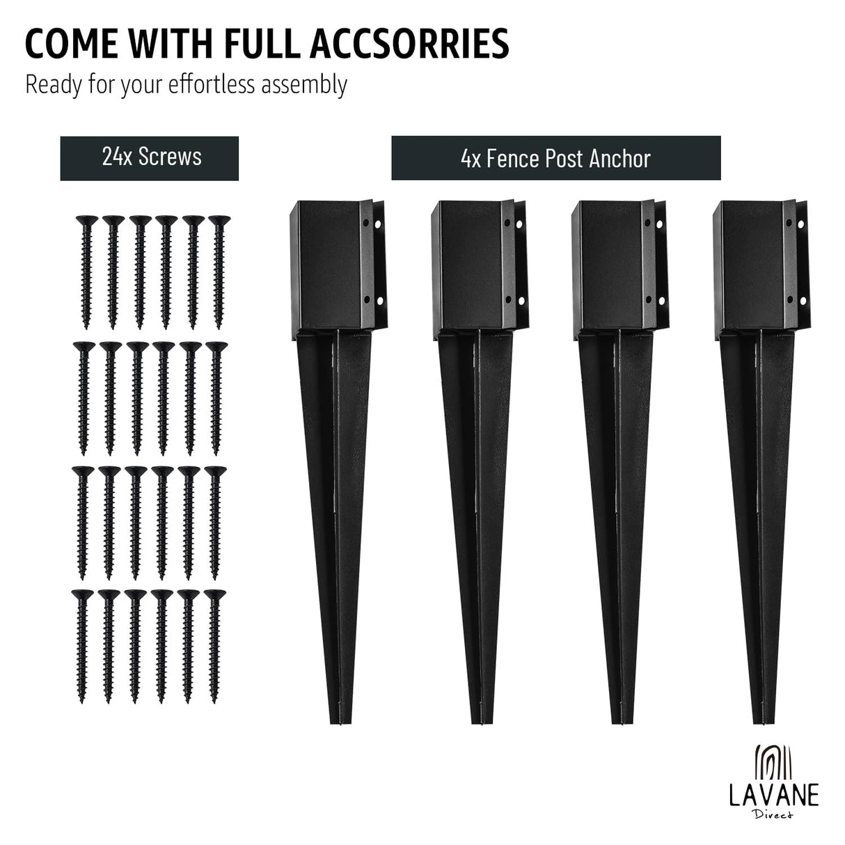 36 inch Fence Post Anchor Ground Spike, LAVANE Set of 4 Heavy Duty Metal Black Powder Coated Post Stake Support Base - Outer Dimension: 4"x4" (Fit 3.5"x3.5" Mailbox or Fence Post) La Vane