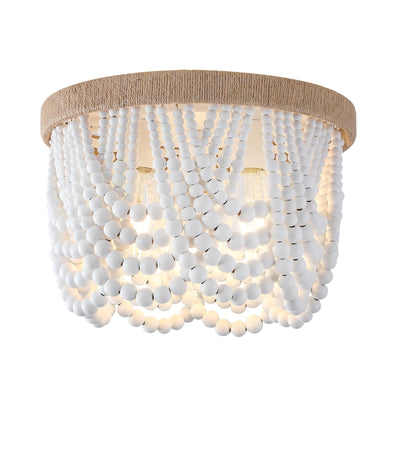 AMZASA White Boho Wood Beaded with Hemp Rope Flush Mount Ceiling Light Farmhouse Small Chandelier Light Fixture for Bedroom Hallway Entryway Closet Kitchen Dining Room Living Room Nursery