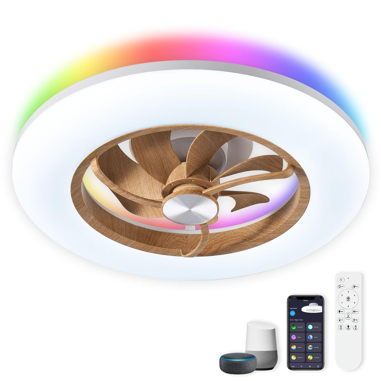 Orison Ceiling Fans with Lights and Remote- 22.4 in Smart Low Profile Bladeless Ceiling Fans with Alexa/Google Assistant/App Control 6 Speed Color Changing Ceiling Fan LED-RGB Back Ambient Light Orison