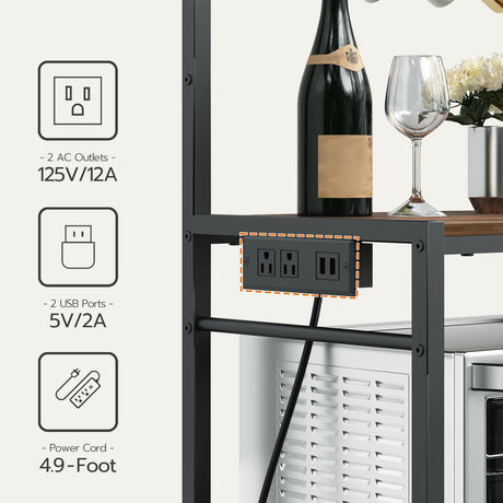 MAHANCRIS Bakers Rack with Storage, Microwave Stand with Power Outlet, Kitchen Storage Shelf with 6 Hooks, Coffee Bar Station 4 Tier, for Kitchen, Dining Room, Rustic Brown and Black BRHR351E01 MAHANCRIS
