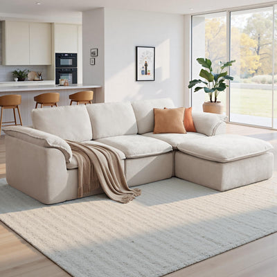 112" Cloud Couch Sectional with Padded Armrests & Moveable Ottoman Boneless Sectional Couches for Living Room White Couch, No Assembly Required