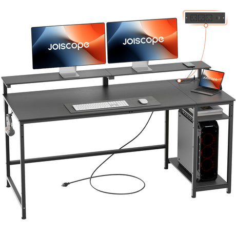 JOISCOPE Home Office Desk with Power Outlets (3AC, USB, Type-C), 60 × 20 Inch Computer Desk with Reversible Shelves, Laptop Table with Display Riser, Gaming Study Drafting Table for Bedroom, Black JOISCOPE