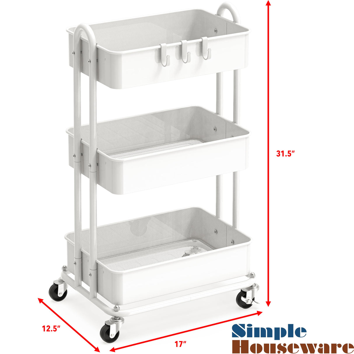 Simple Houseware Heavy Duty 3-Tier Metal Utility Rolling Cart, White Simple Houseware