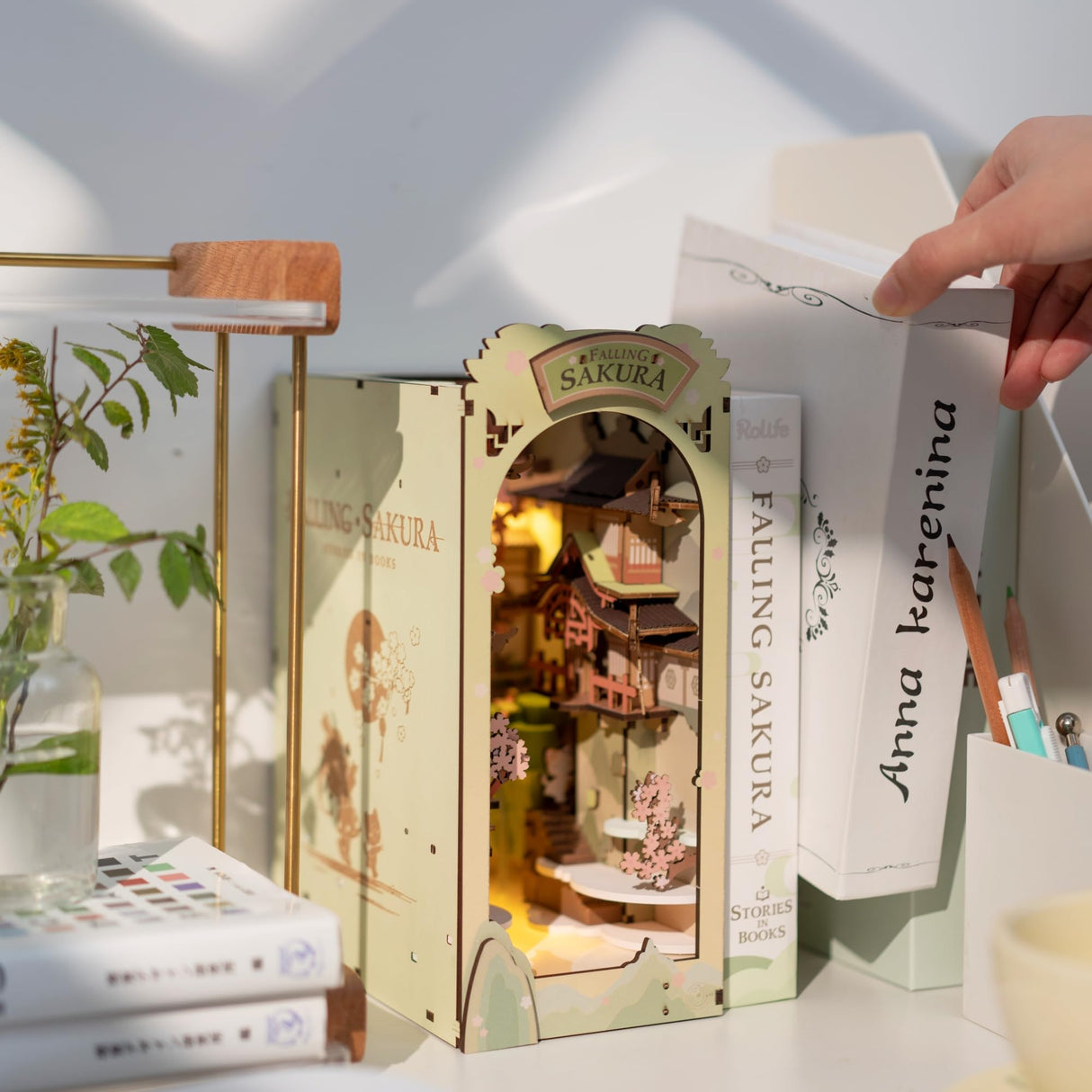 Rolife DIY Book Nook Kit Falling Sakura, DIY Miniature Booknook Kit Creative Decorative Bookend Bookshelf Insert 3D Puzzle for Adults, Halloween/Christmas Decorations/Gifts for Adults (Falling Sakura) Rolife