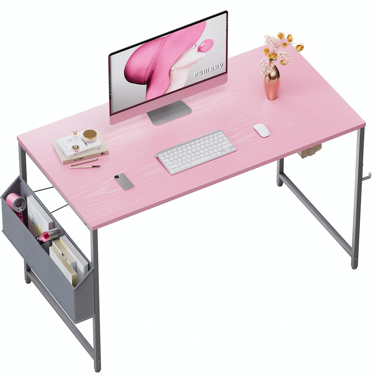Pamray 47 Inch Computer Desk for Small Spaces with Storage Bag, Home Office Work Desk with Headphone Hook, Small Office Desk Study Writing Table Pamray