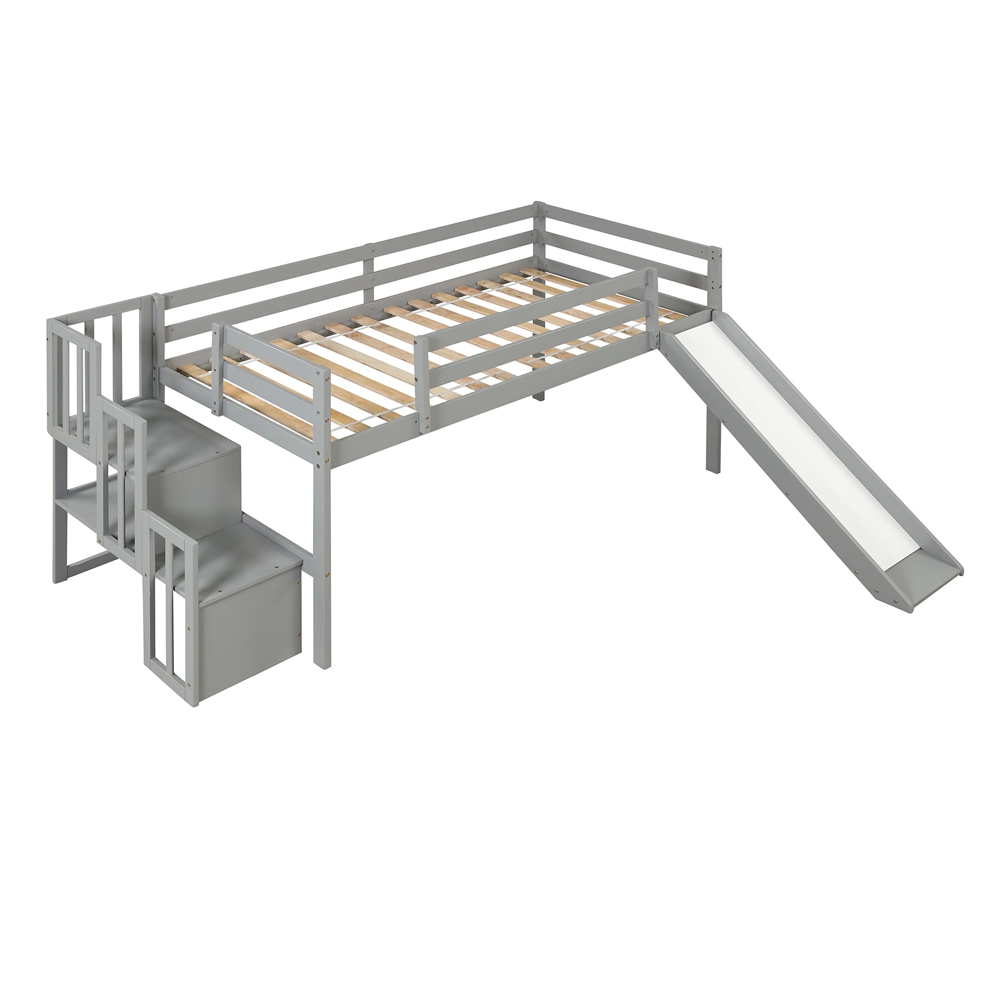 Olela Twin Loft Bed with Stairs and Slide - Grey Low Profile Solid Wood Design - WoodArtSupply