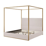 LUMISOL Metal Canopy Bed with Upholstered Headboard, Metal 4 Poster Canopy Bed, No Box Spring Needed, King Size Corduroy Platform Bed, Beige LUMISOL