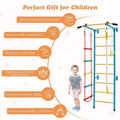 Costzon 5 in 1 Climbing Toys for Toddlers, Indoor Kids Gym for Exercise, Steel Ladder Wall Set with Wall Ladder, Pull-up Bar, Climbing Rope and Gymnastic Rings, Climber Ladder Toys Boys Girls Gift