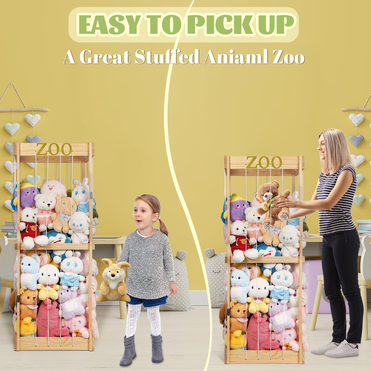 Trycooling Stuffed Animal Zoo Stuffed Animal Storage Wood Plushie Storage Stuffed Animals Zoo Storage Cage with Zoo Pattern Elastic Band for Nursery Play Room Bedroom (Wood) Trycooling