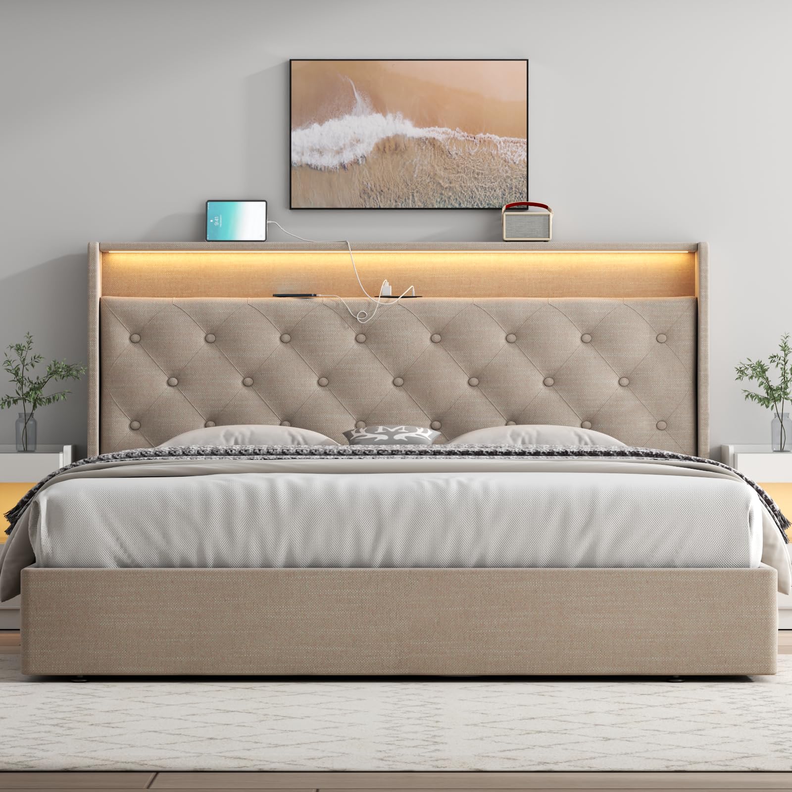 Loomie Upholstered Queen Bed Frame with Lift-Up Storage, LED Lights & Charging Station in Beige - WoodArtSupply