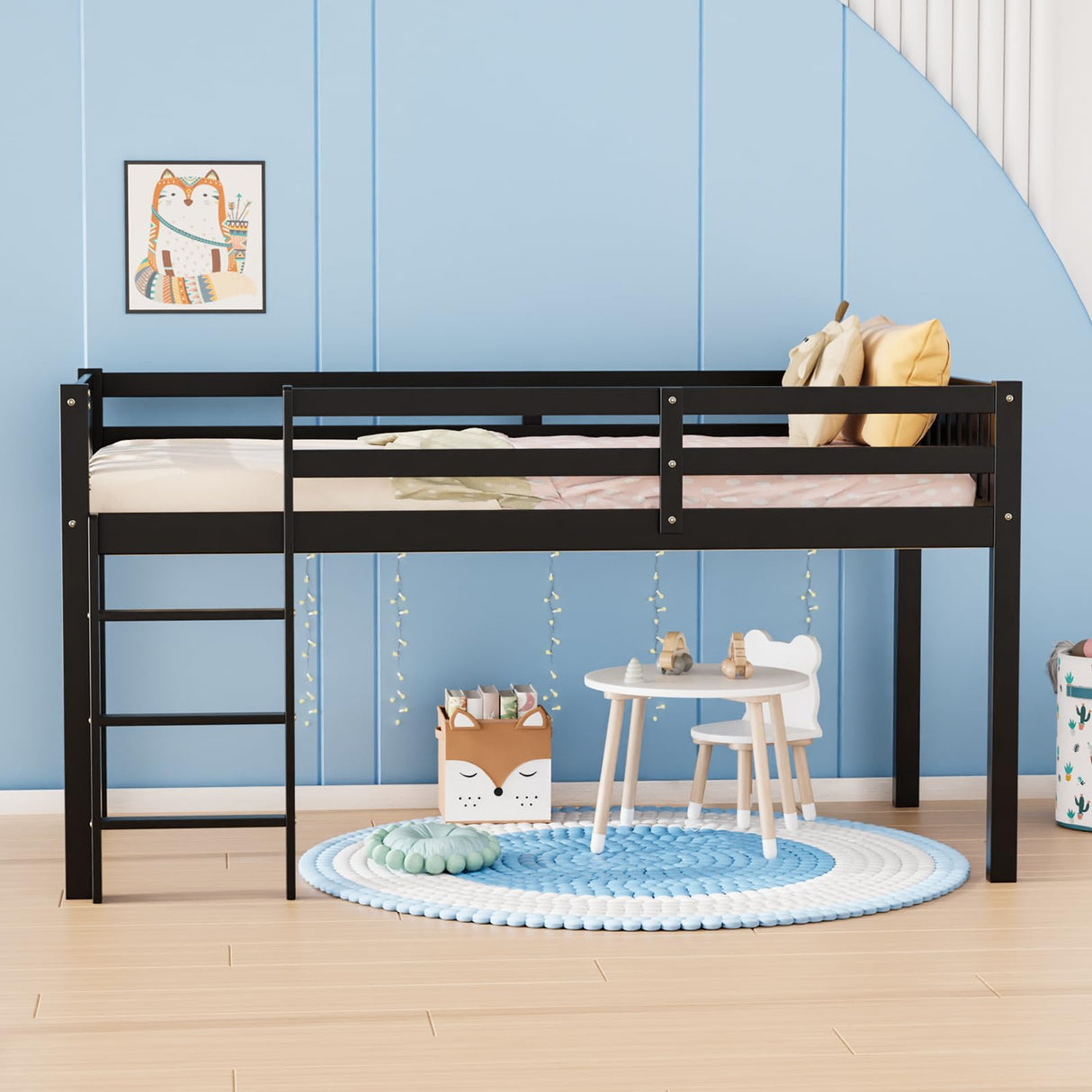 JOYMOR Twin Loft Bed Low Loft Bed Frame for Little Kids Small Room/Low Ceiling Bedrrom with Guardrail and Ladder (Black) JOYMOR