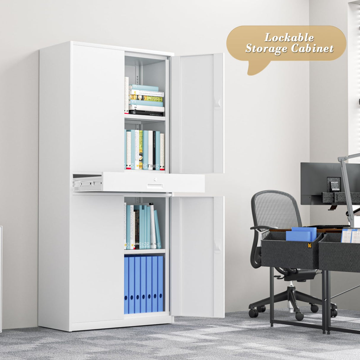 Athena Collection 4 Tier Metal Storage Cabinet with Drawer, 71" Garage Storage Cabinet with Adjustable Shelves, Lockable File Tool Tall Cabinet for Home Office Garage, White Athena Collection